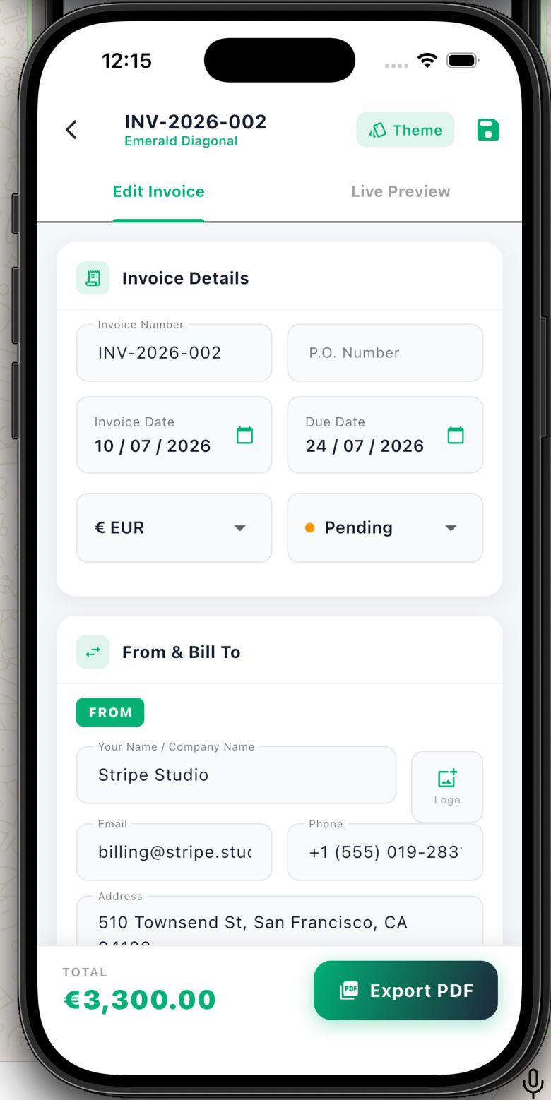 Dark mode invoice with itemized totals